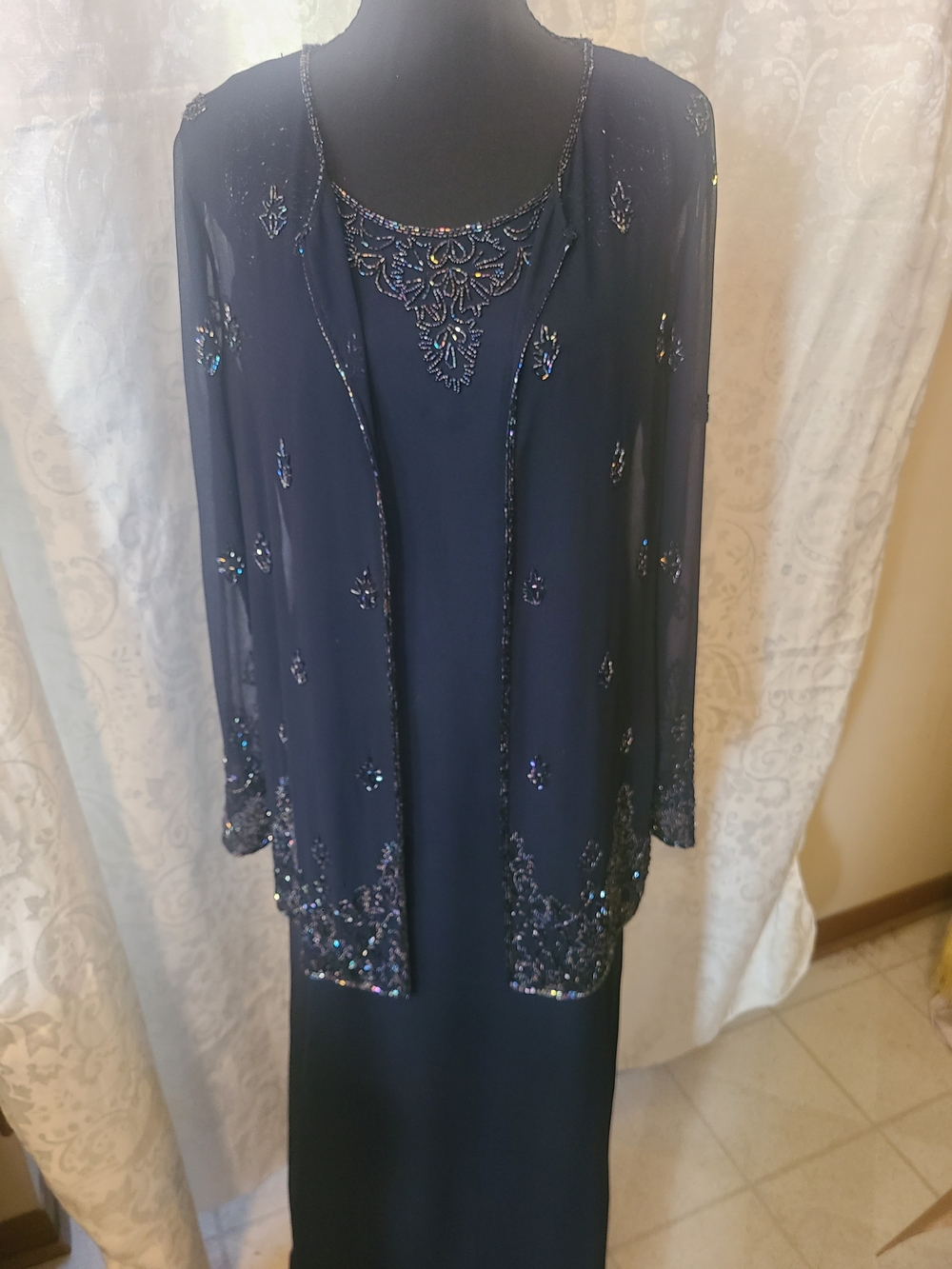 J Kara Navy Beaded Maxi Dress with Sheer Embellished Jacket
